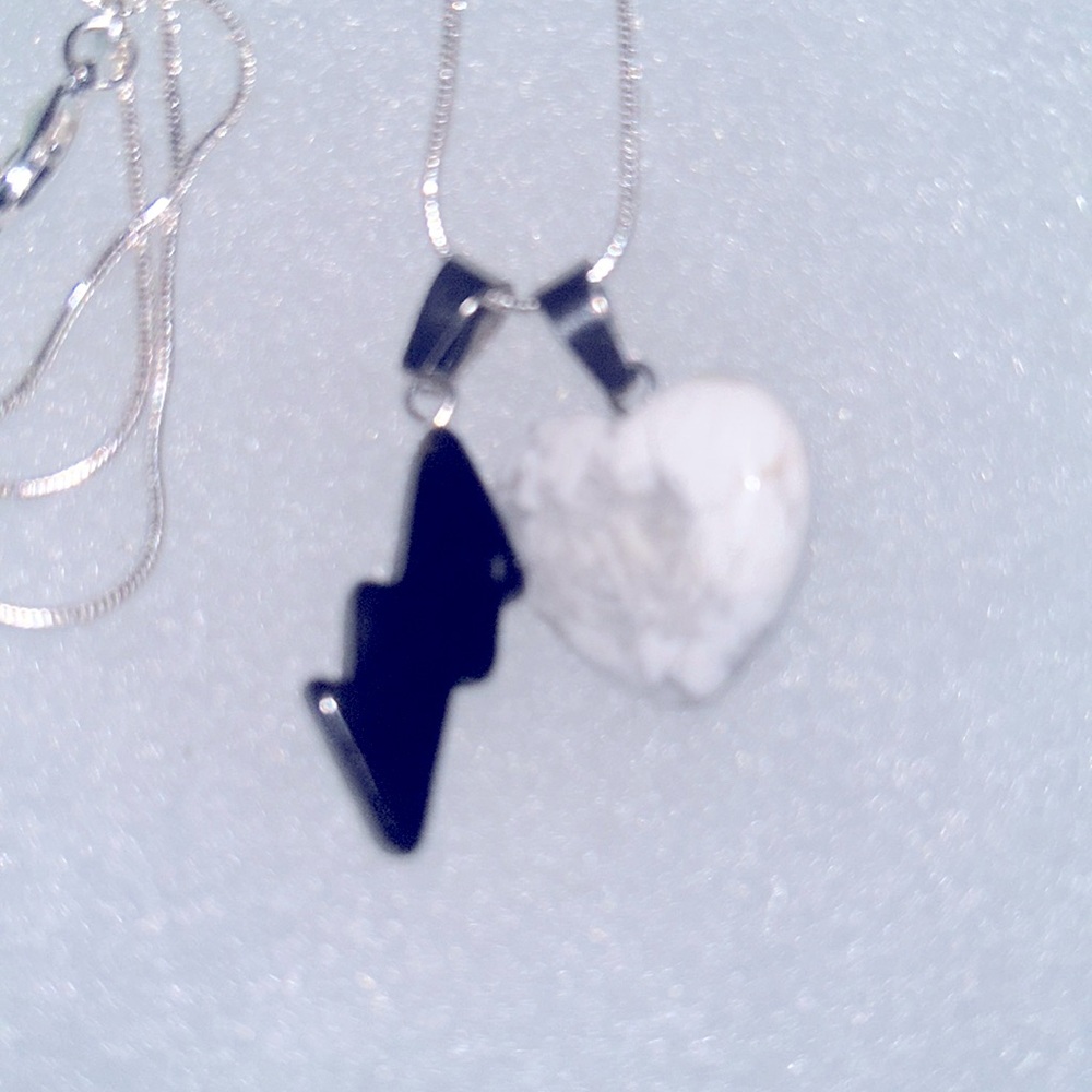 Boho hippie Howlite Heart and Onyx Lightning Pendant Necklace